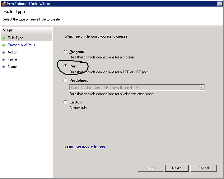 Open a port on windows firewall